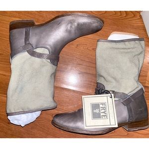 FRYE Melissa Short Shaft Women's Moto Grey Canvas Leather Buckle Boots size 9.5